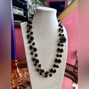 Fantastic 1950s Black Sands Lava Glass Beads and Jet Crystal Two-Strand Necklace